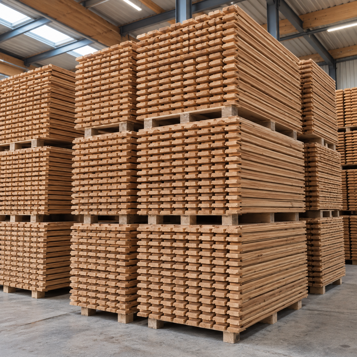 Houten delen op voorraad in een houtmagazijn